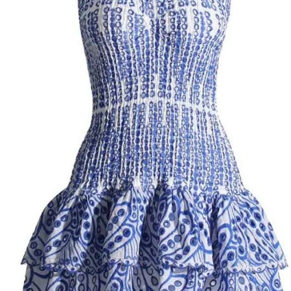 Blue White Eyelet Smocked Drop Waist Dress. Never worn. New with tags. - Picture 2 of 5